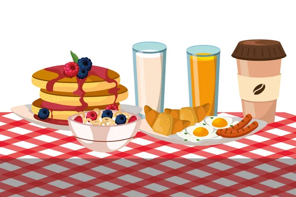 Köstliche Leckere Frühstück Über Picknick Tischdecke Cartoon Vektor Illustration Grafik — Stockvektor