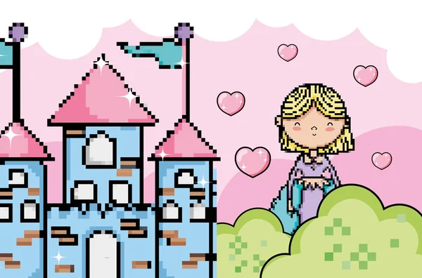Verpixelte Videospiel Fantasy Landschaft Mit Prinzessin Cartoon Vektor Illustration Grafik — Stockvektor