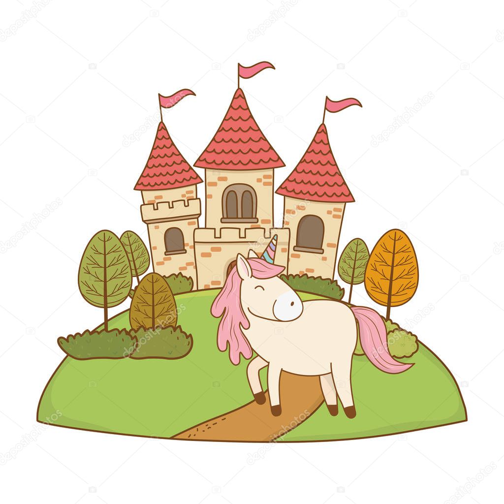cute fairytale unicorn with castle in the landscape vector illustration design