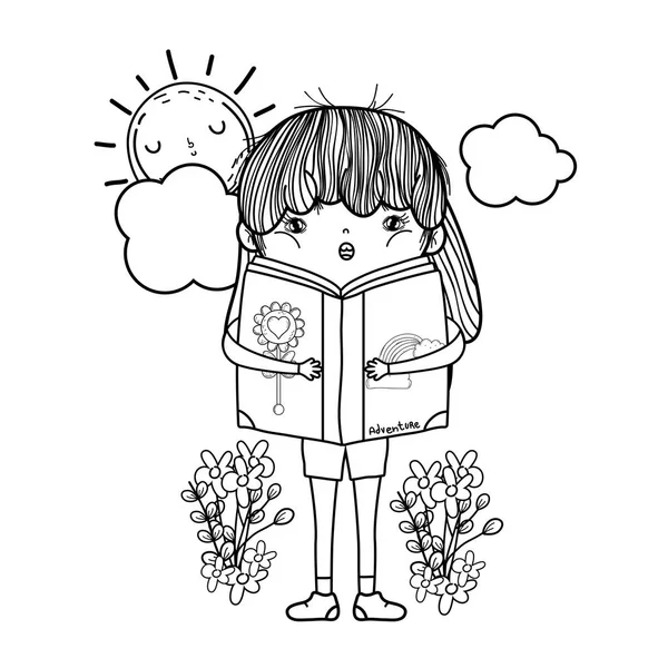 Feliz Menina Leitura Livro Com Sol Kawaii Vetor Ilustração Design — Vetor de Stock