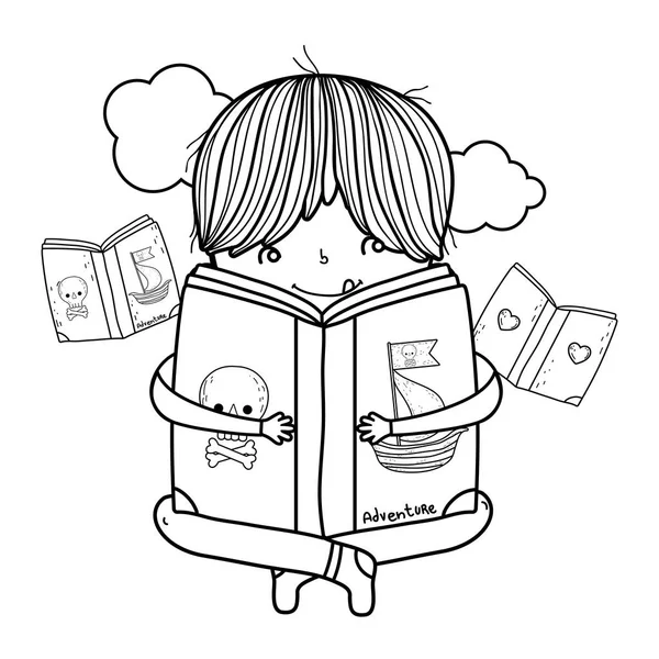 Felice Bambino Lettura Libri Con Nuvole Vettoriale Illustrazione Design — Vettoriale Stock