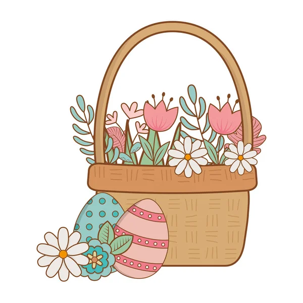 Niedlichen Korb Stroh Mit Blumen Und Eiern Bemalten Vektor Illustration — Stockvektor