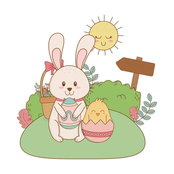 Petit Lapin Poussin Avec Oeuf Peint Dans Jardin Vectoriel Illustration — Image vectorielle