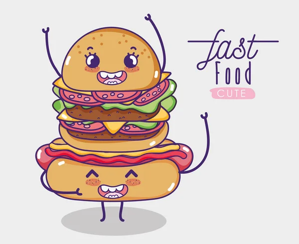 Hot Dog Com Hambúrguer Kawaii Desenho Animado Desenho Gráfico Vetor — Vetor de Stock