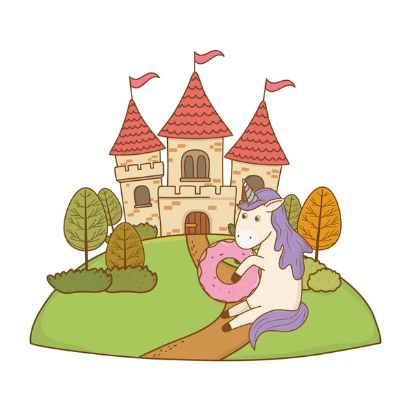 Lindo Unicornio Cuento Hadas Con Castillo Diseño Ilustración Vectores Paisaje — Vector de stock