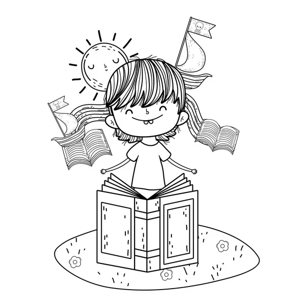 風景ベクトル イラスト デザインで幸せな小さな少年読書 — ストックベクタ