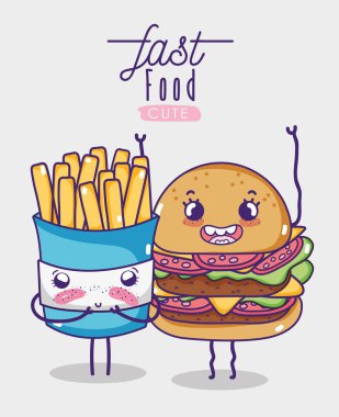 Hamburger ve kızarmış patates kawaii karikatür vektör çizim grafik tasarım