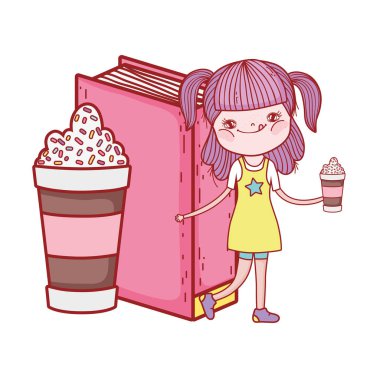 mutlu küçük kız milkshake vektör çizim tasarım ile kitap okuma