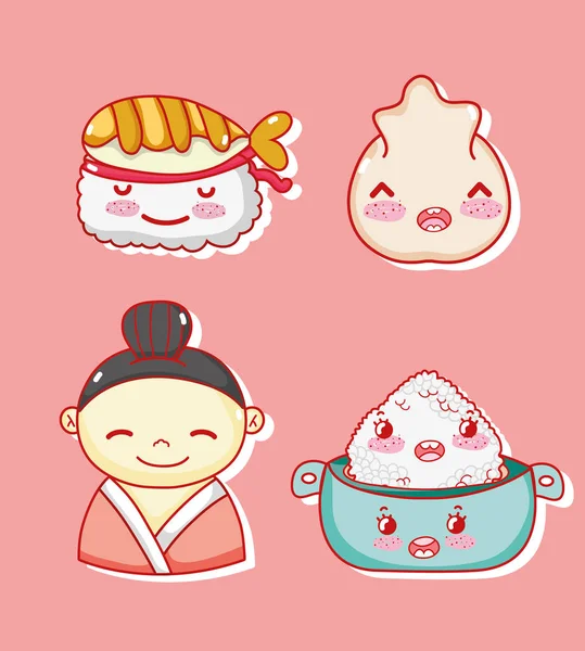 Japanische Gastronomie Sammlung Niedlich Kawaii Cartoons Vektor Illustration Grafik Design — Stockvektor