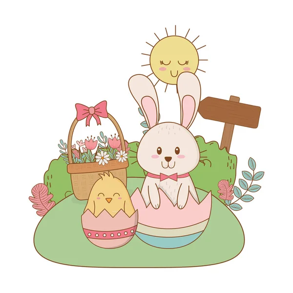 Petit Lapin Poussin Avec Oeuf Peint Dans Jardin Vectoriel Illustration — Image vectorielle