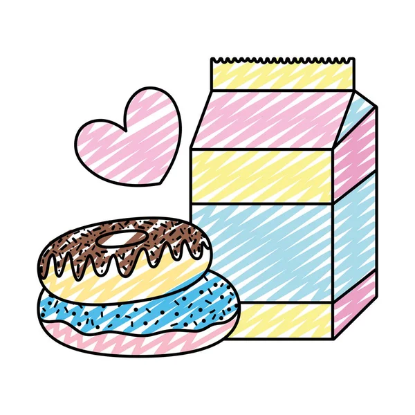 Boîte Lait Doodle Avec Beignets Sucrés Illustration Vectorielle Coeur — Image vectorielle