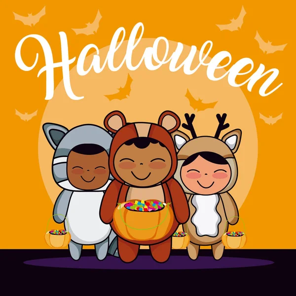 Halloween Niedlichen Kinder Mit Tieren Kostüm Und Bonbons Korb Vektor — Stockvektor