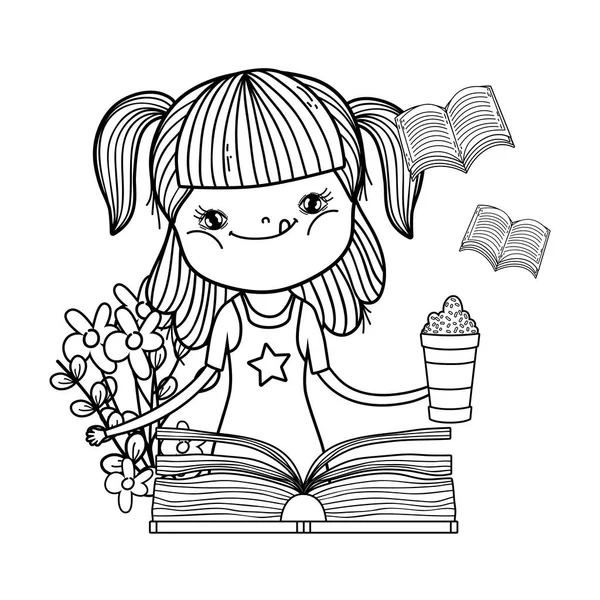 Glückliches Kleines Mädchen Liest Buch Garten Vektor Illustration Design — Stockvektor