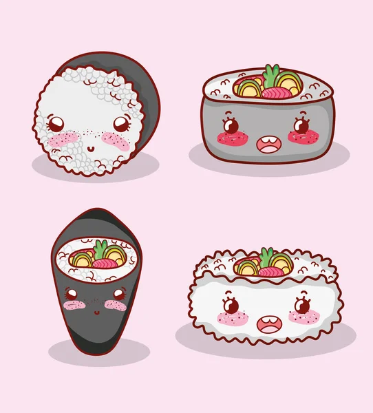 Colección Comida Asiática Lindo Kawaii Vector Dibujos Animados Ilustración Diseño — Vector de stock