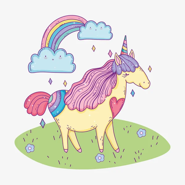 Roztomilý Jednorožec Zvíře Rainbow Mraky Vektorové Ilustrace — Stockový vektor