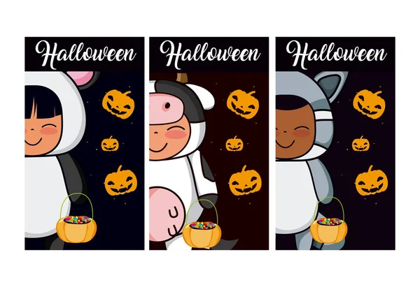 Ensemble Cartes Halloween Avec Enfants Animaux Costume Dessins Animés Vectoriel — Image vectorielle