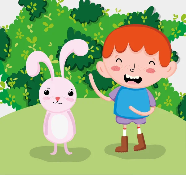 Cute boy with bunny at forest cartoon vector illustration graphic design