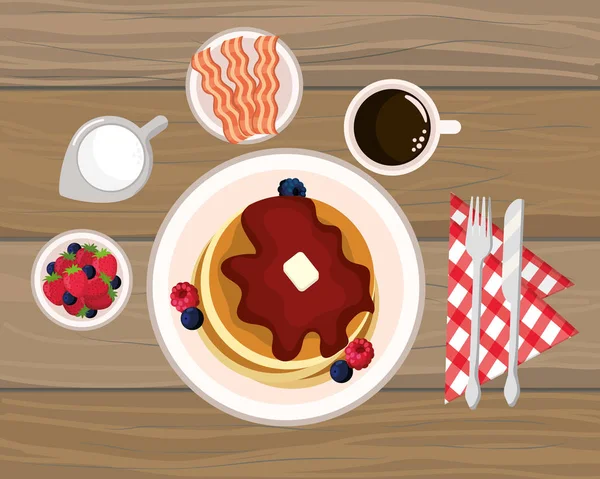 Delicious Tasty Breakfast Wooden Background Cartoon Vector Illustration Graphic Design — Stock Vector