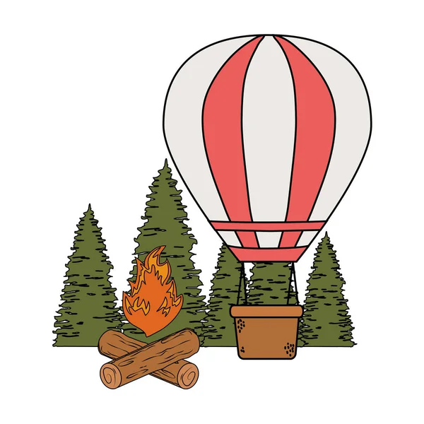 Ballon Lucht Hete Vliegen Met Dennen Kampvuur Vector Illustratie Ontwerp — Stockvector