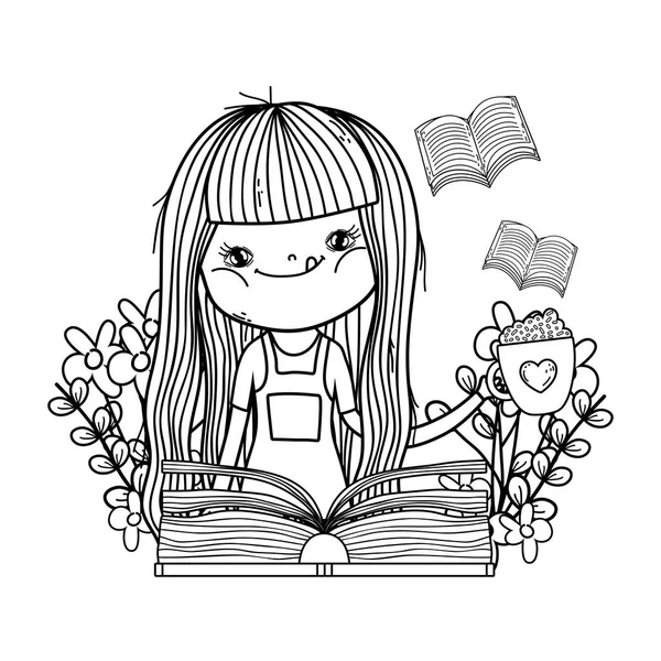 Happy Little Girl Reading Book Garden Vector Illustration Design — Stock Vector