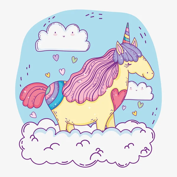 Unicorn Cute Hewan Awan Dengan Vektor Hati Ilustrasi - Stok Vektor