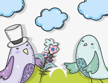 çift çiçekler bitkiler ile kuşlar ve bulutlar illüstrasyon vektör