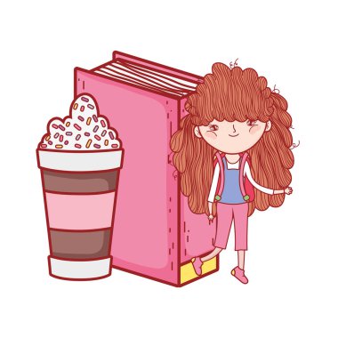 mutlu küçük kız milkshake vektör çizim tasarım ile kitap okuma