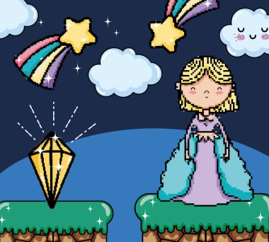 Pixelated video oyunu fantezi sahne Prenses çizgi film vektör çizim grafik tasarım ile