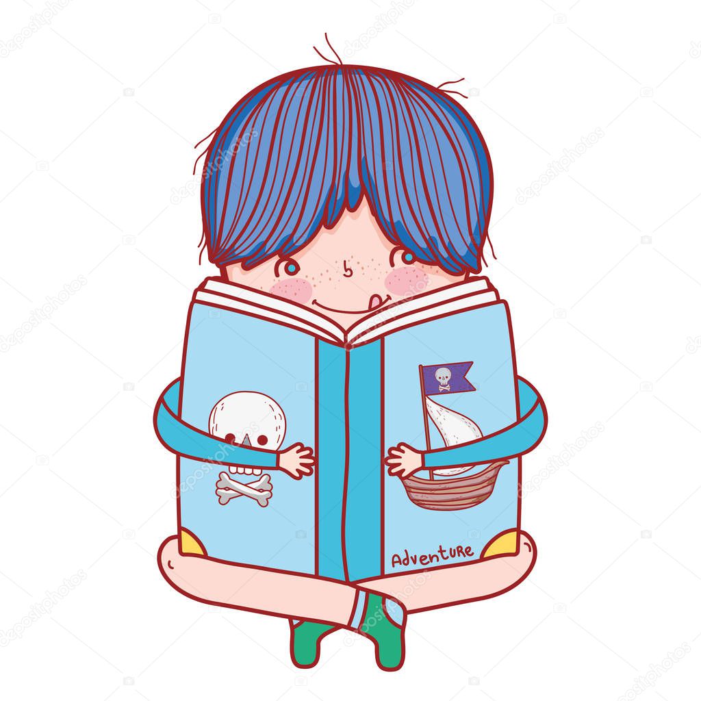 happy little boy reading book vector illustration design