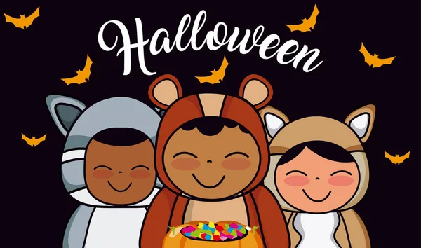 Halloween Aranyos Gyerekek Állatok Jelmez Cukorka Kosár Vektoros Illusztráció Grafikai — Stock Vector