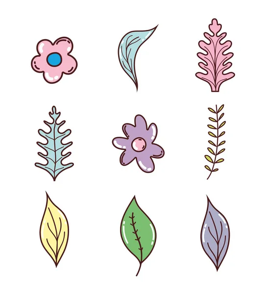 Set Van Bloemen Bladeren Tekenfilms Vector Illustratie Grafisch Ontwerp — Stockvector