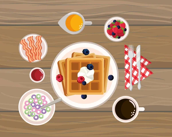 Delicioso Desayuno Sabroso Con Fondo Madera Dibujos Animados Vector Ilustración — Vector de stock