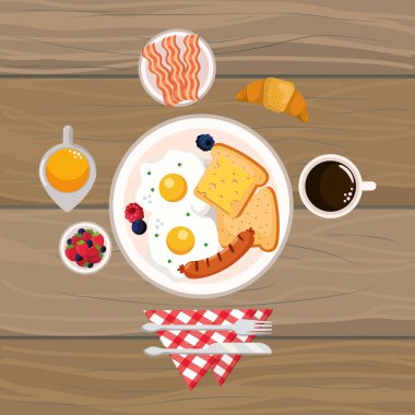 ahşap arka plan çizgi film vektör çizim grafik tasarım ile lezzetli lezzetli breakfast