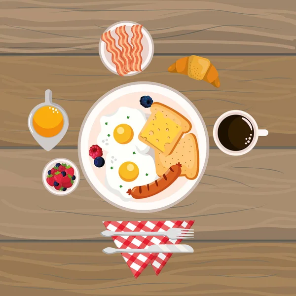 Köstliches Frühstück Mit Hölzernem Hintergrund Cartoon Vektor Illustration Grafik Design — Stockvektor