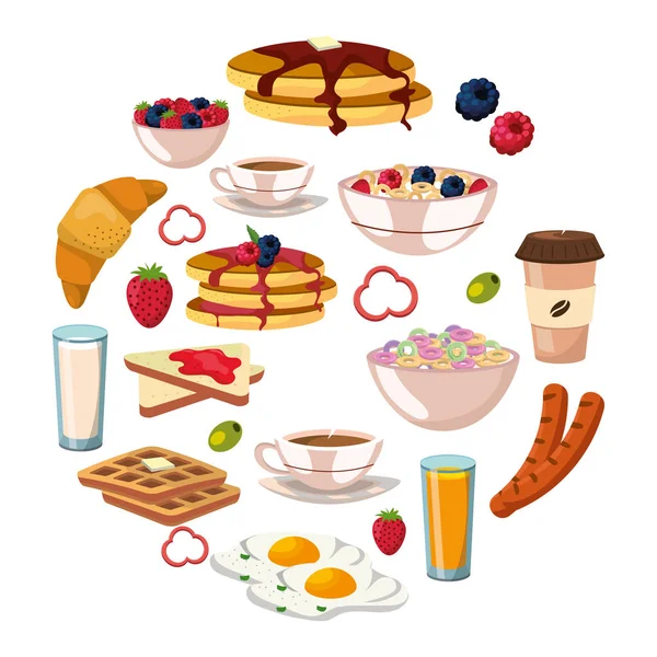 Délicieux Savoureux Petit Déjeuner Motif Rond Icône Dessin Animé Vectoriel — Image vectorielle