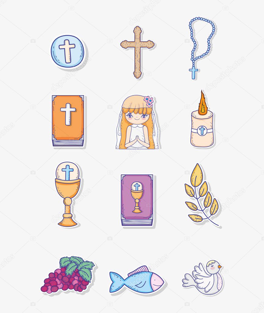 set first communion decoration to traditional event vector illustration