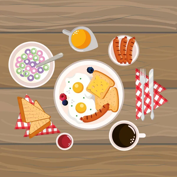 Delicioso Desayuno Sabroso Con Fondo Madera Dibujos Animados Vector Ilustración — Vector de stock