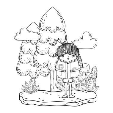 mutlu küçük kız okuma kitabı alan vektör çizim tasarım
