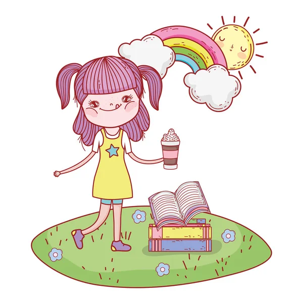 Feliz Niña Lectura Libro Con Sol Kawaii Vector Ilustración Diseño — Vector de stock