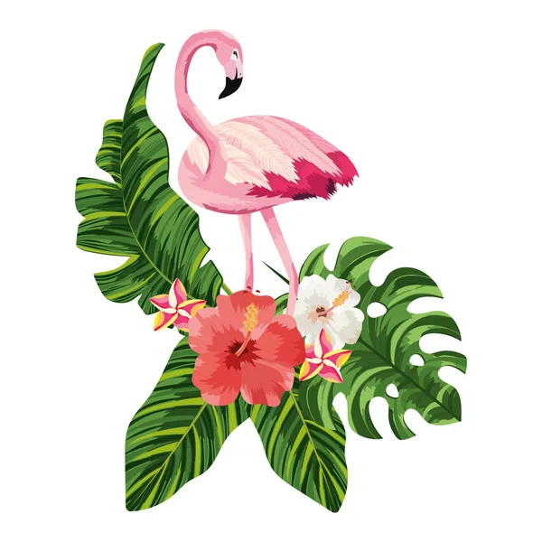 Flamant Rose Tropical Sur Les Fleurs Dessin Animé Vectoriel Illustration — Image vectorielle