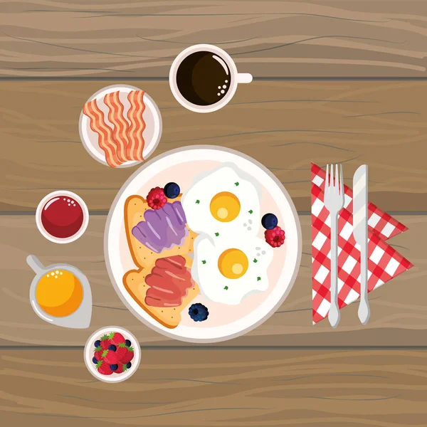Вкусный Завтрак Рисунком Векторной Иллюстрации Деревянном Фоне — стоковый вектор