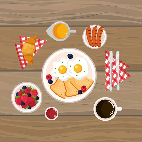 木製の背景漫画ベクトル イラスト グラフィック デザインとおいしい朝食 — ストックベクタ