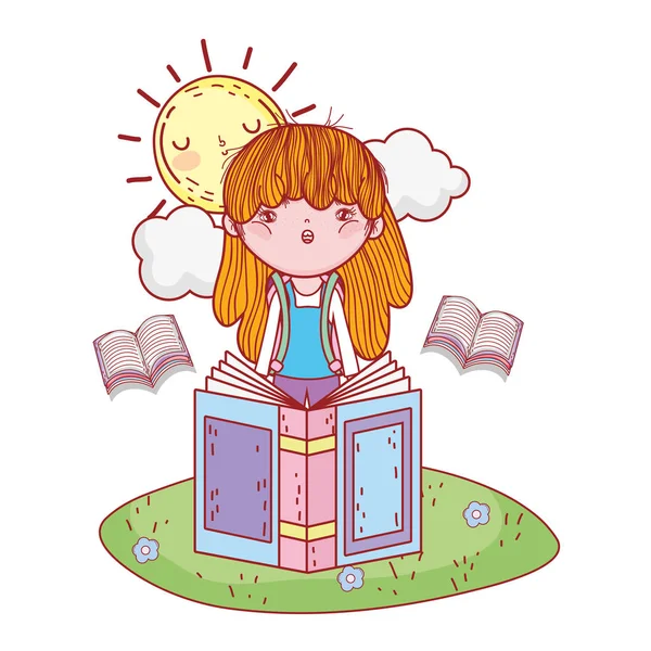 Malé Radostné Holčičky Čtení Knihy Slunce Kawaii Vektorové Ilustrace Design — Stockový vektor