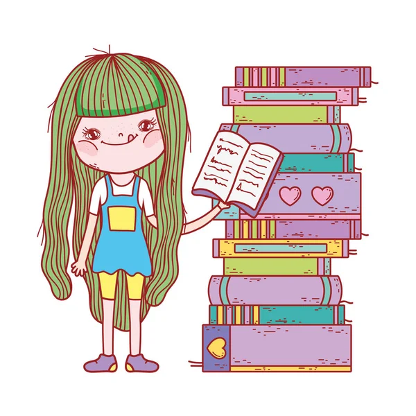 Happy Little Girl Reading Books Vector Illustration Design — Stock Vector