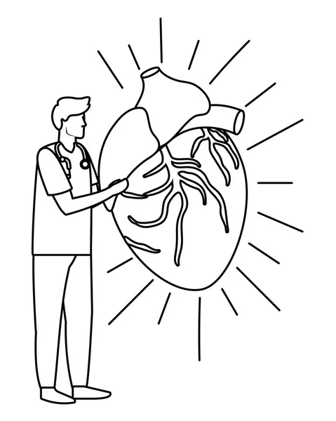 Medico Sanitario Uomo Con Cuore Umano Cartone Animato Vettore Illustrazione — Vettoriale Stock