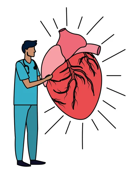 Médico Médico Médico Homem Com Coração Humano Desenho Animado Vetor — Vetor de Stock