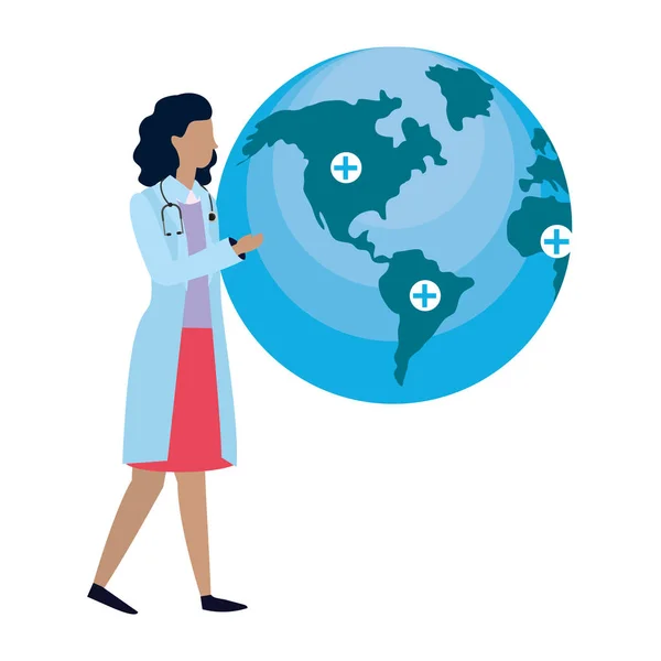 Hälso Och Medicinska Läkare Kvinna Med Världen Karta Ikon Tecknade — Stock vektor