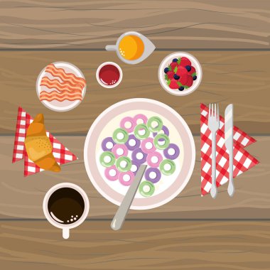 ahşap arka plan çizgi film vektör çizim grafik tasarım ile lezzetli lezzetli breakfast