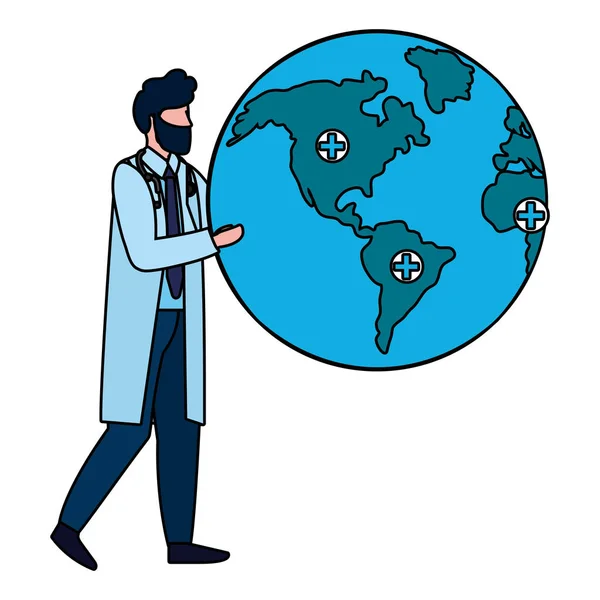 Hälso Och Medicinska Läkare Man Med Världen Karta Tecknade Vektor — Stock vektor