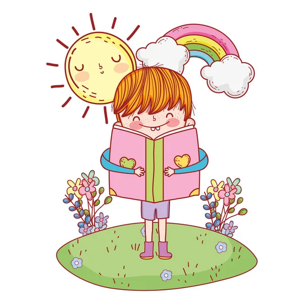 庭のベクトル イラスト デザインで幸せな小さな少年読書 — ストックベクタ